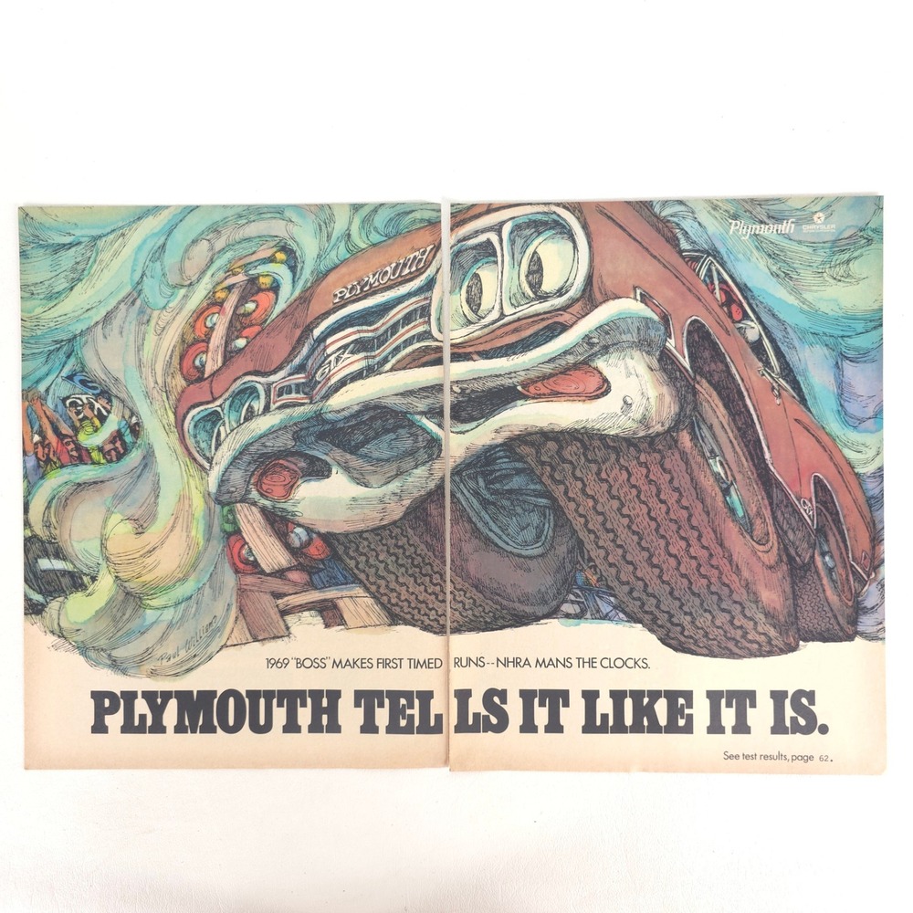 Vintage Plymouth '69 Boss 429 NHRA Print Ad Racing Garage Wall Decor Psychedelic